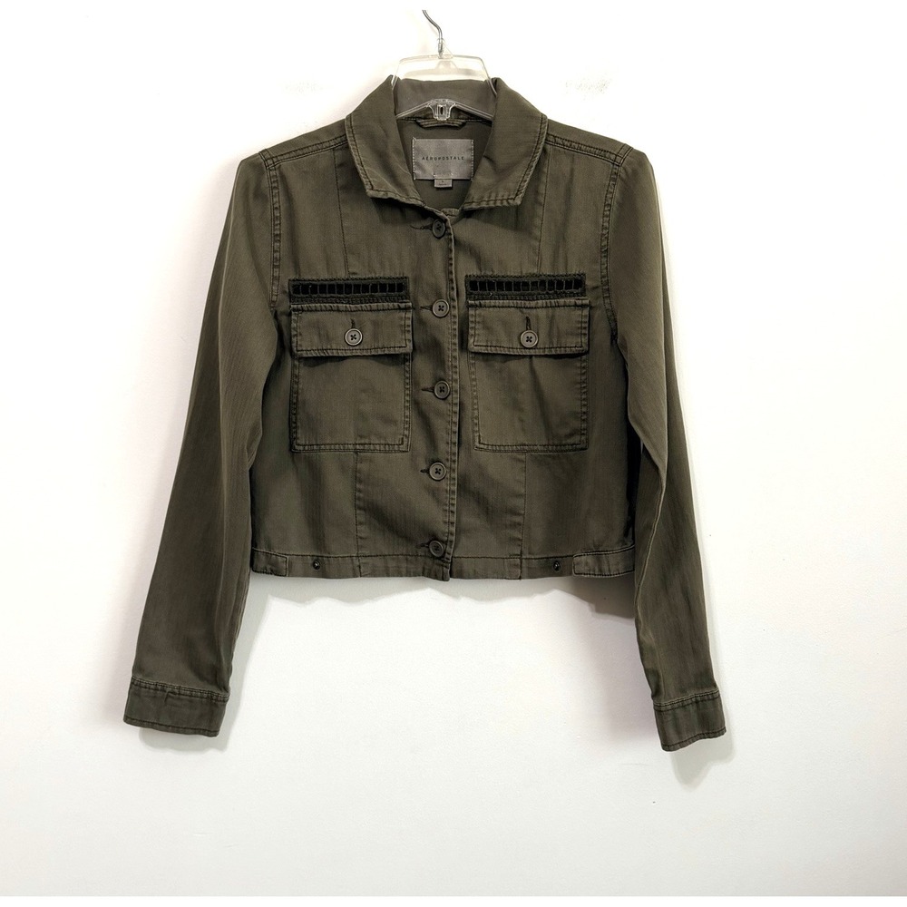Aeropostale Denim Cropped Utility Jacket S Army Green Trucker Pocket Trendy Top